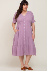 Lavender Button Down Short Sleeve Plus Dress