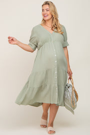 Mint Button Down Short Sleeve Plus Maternity Dress