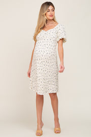 Ivory Smocked Floral Puff Sleeve Maternity Dress