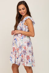 Cream Palm Print Smocked Flutter Sleeve Maternity Dress