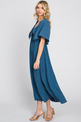 Navy Blue Textured Dot Front Tie Ruffle Sleeve Midi Dress