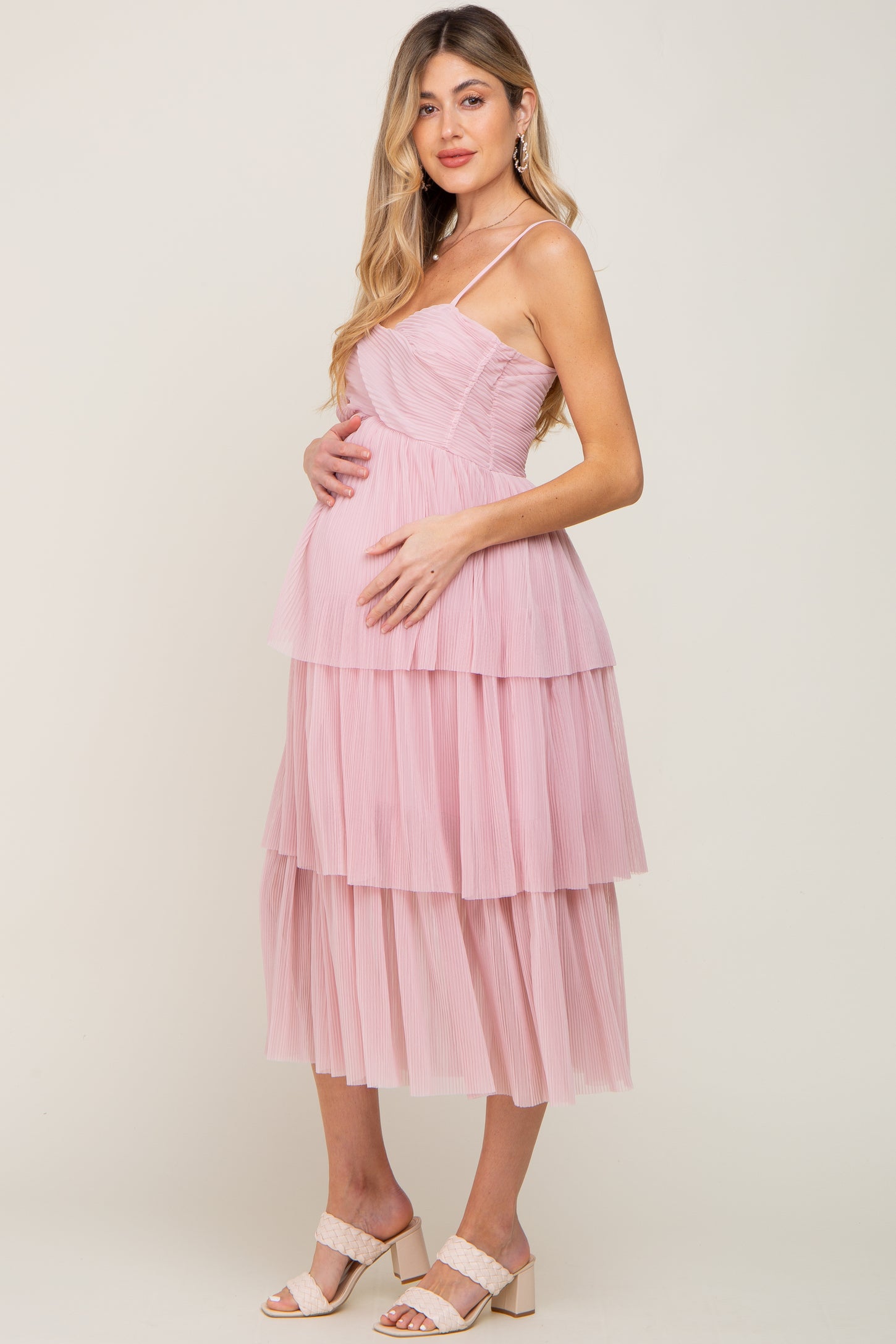 Pink Pleated Tiered Maternity Midi Dress