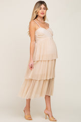 Beige Pleated Tiered Maternity Midi Dress
