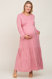 Mauve Long Sleeve Tiered Maternity Plus Maxi Dress