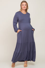 Blue Long Sleeve Tiered Maternity Plus Maxi Dress