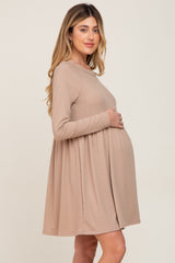 Taupe Ribbed Basic Long Sleeve Maternity Dress