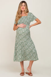 Green Floral Smocked Off Shoulder Maternity Midi Dress