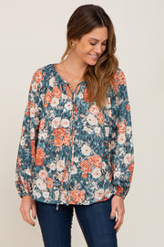 Teal Floral Front Tied Keyhole Long Sleeve Top