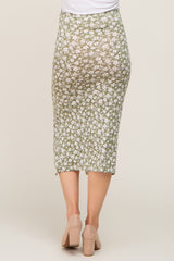 Light Olive Floral Drawstring Front Maternity Midi Skirt
