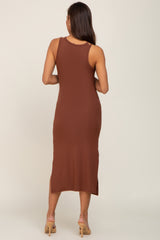 Brown Ribbed Cutout Shoulder Side Slit Maternity Midi Dress