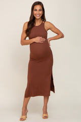 Brown Ribbed Cutout Shoulder Side Slit Maternity Midi Dress
