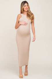 Beige Ribbed Racerfront Open Back Maternity Maxi Dress