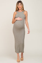 Light Olive Ribbed Racerfront Open Back Maternity Maxi Dress