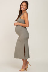 Light Olive Ribbed Cutout Shoulder Side Slit Maternity Midi Dress
