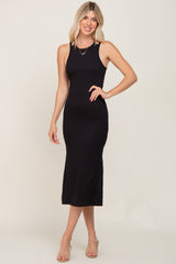 Black Ribbed Cutout Shoulder Side Slit Maternity Midi Dress