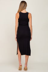 Black Ribbed Cutout Shoulder Side Slit Maternity Midi Dress