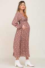 Mauve Floral Sweetheart Neck Maternity Midi Dress