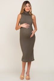 Olive Sleeveless Ribbed Brush Knit Cowl Neck Maternity Midi Dress