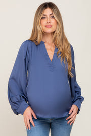 Blue Long Puff Sleeve Satin Maternity Blouse