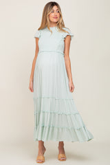 Mint Green Smocked Ruffle Accent Tiered Maternity Maxi Dress