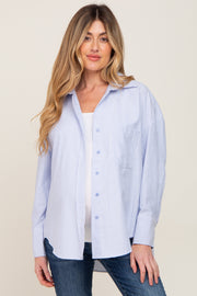 Blue Striped Button Down Front Pocket Maternity Top
