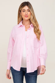 Pink Striped Button Down Front Pocket Maternity Top