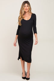 Black Ribbed Ruched Shoulder Side Slit Maternity Midi Dress
