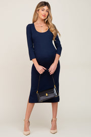 Navy Blue Ribbed Ruched Shoulder Side Slit Maternity Midi Dress