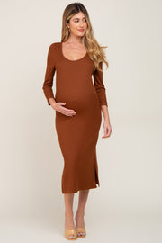 Mocha Ribbed Ruched Shoulder Side Slit Maternity Midi Dress