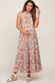 Blue Floral Ruffle Mock Neck Tiered Maternity Maxi Dress