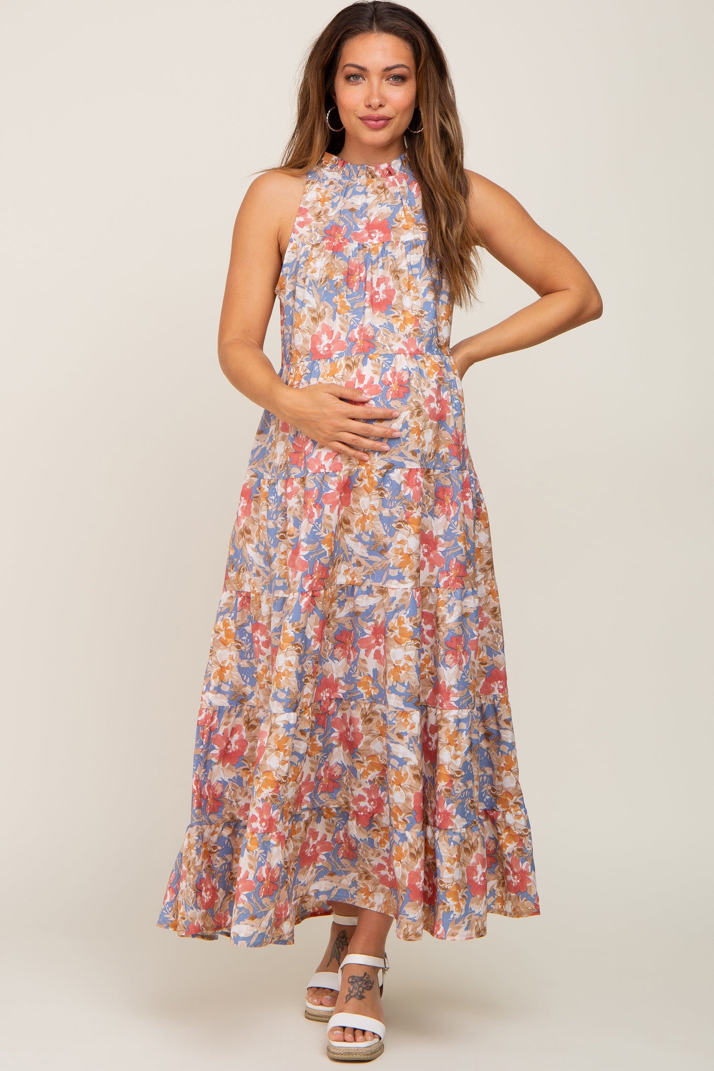 Blue Floral Ruffle Mock Neck Tiered Maternity Maxi Dress