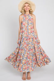 Blue Floral Ruffle Mock Neck Tiered Maxi Dress