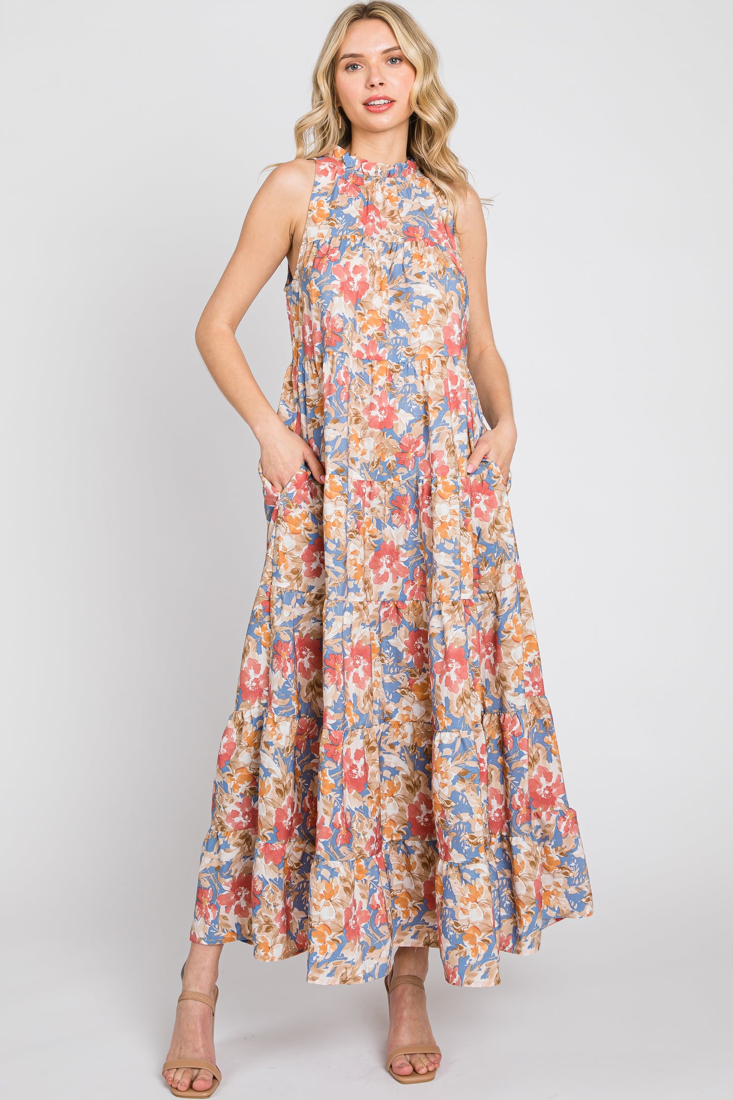 Blue Floral Ruffle Mock Neck Tiered Maxi Dress