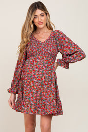 Red Floral Smocked Long Sleeve Maternity Dress