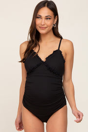 Black Ribbed Ruffle Ruched Maternity One Piece Swimsuit