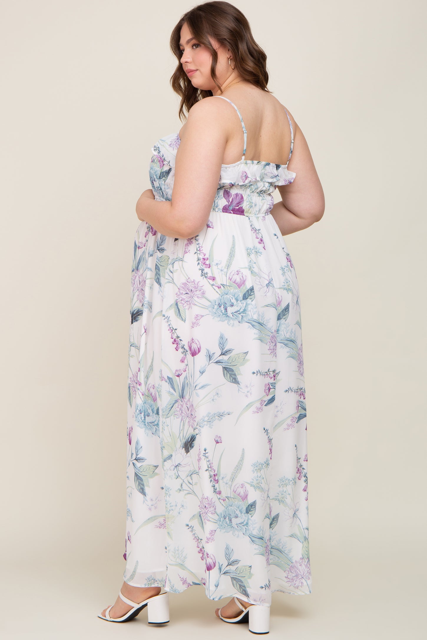 White Floral Sleeveless Ruffle Plus Maternity Maxi Dress