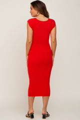 Red Ribbed Knit Fitted Maternity Dress