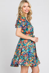 Navy Floral Chiffon Ruffle Accent Dress