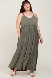 Olive Tiered Sleeveless Plus Maxi Dress