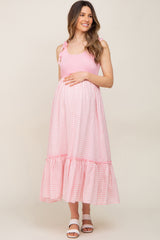 Pink Gingham Colorblock Maternity Dress