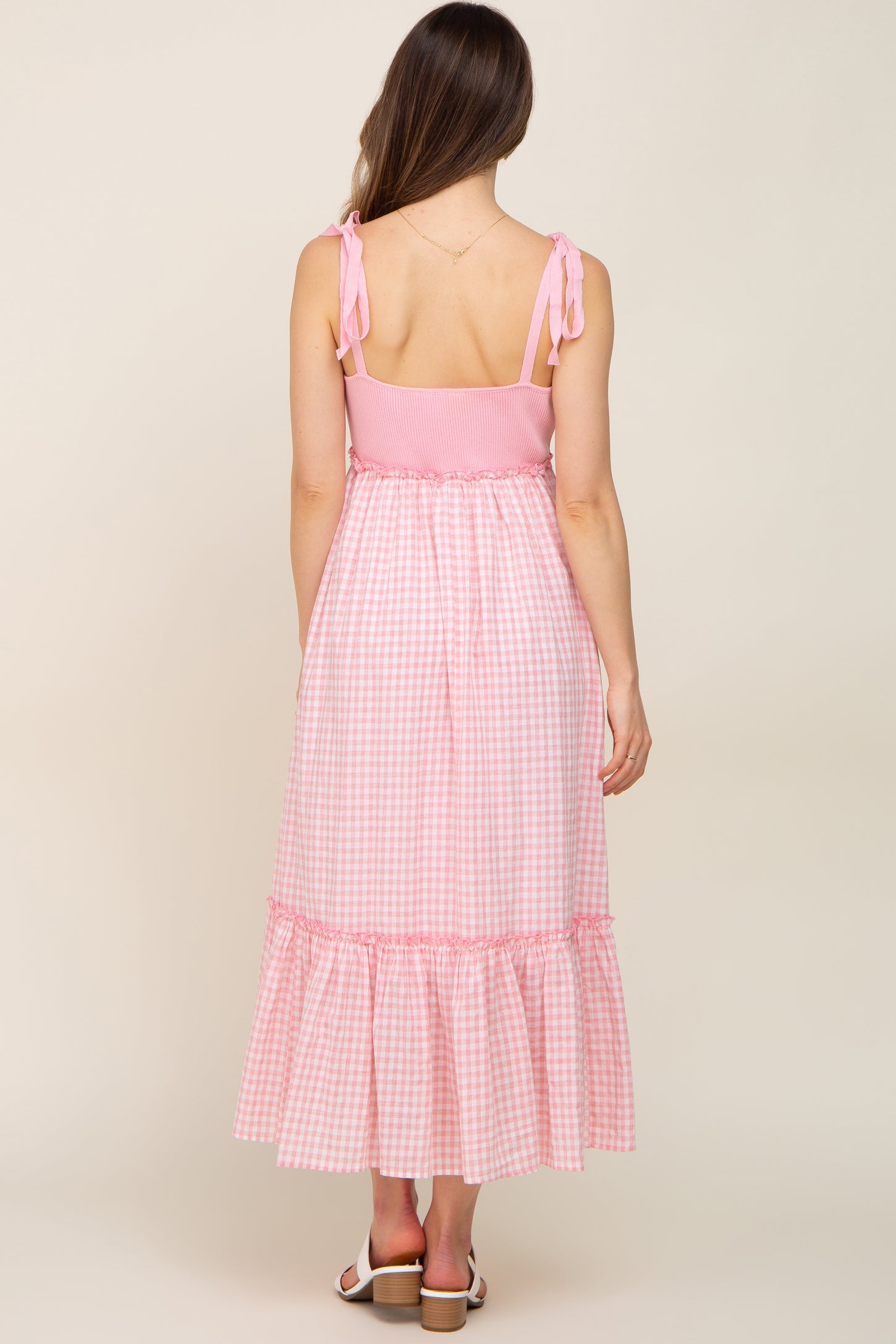 Pink Gingham Colorblock Maternity Dress