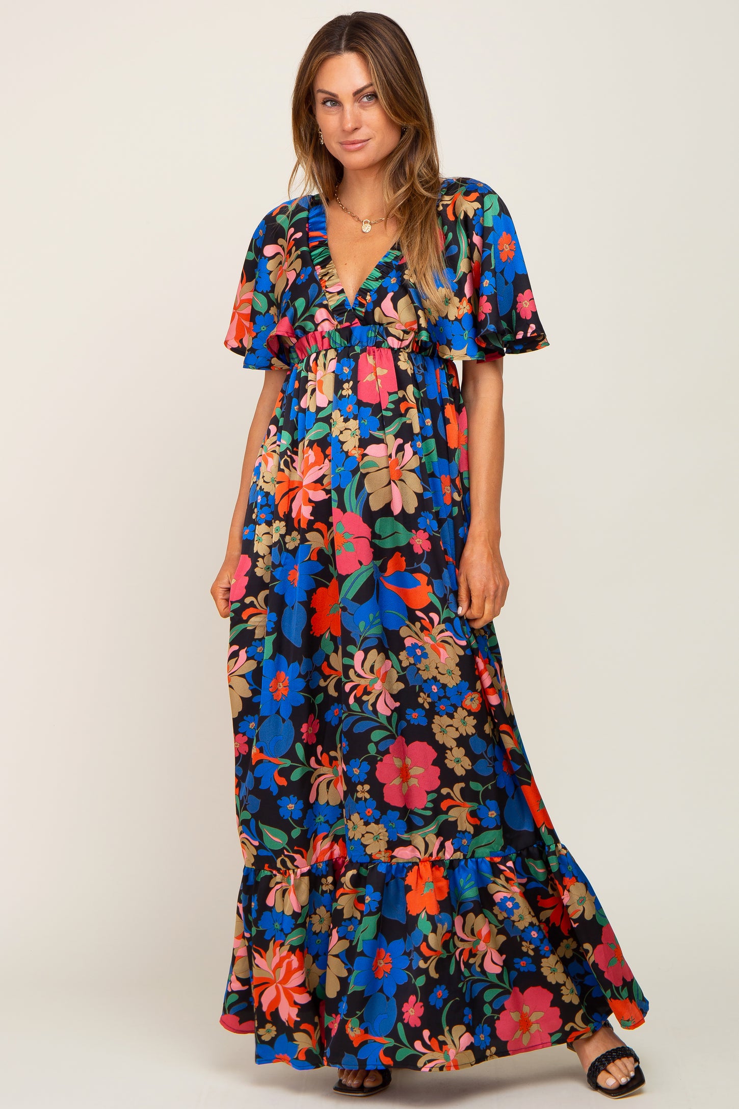 Black Floral Flounce Sleeve Maternity Maxi Dress