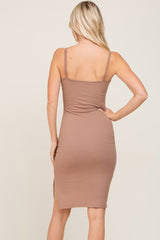 Taupe Ribbed Button Midi Dress