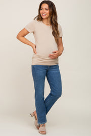 Medium Blue Fringe Hem Straight Leg Maternity Jeans
