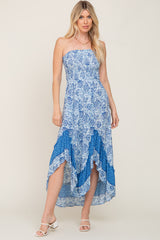 Blue Floral Asymmetrical Strapless Maternity Maxi Dress