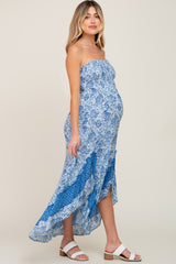 Blue Floral Asymmetrical Strapless Maternity Maxi Dress