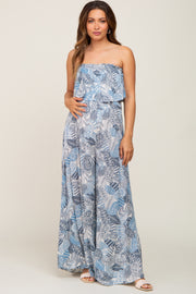 Blue Printed Strapless Ruffle Hem Maternity Jumpsuit