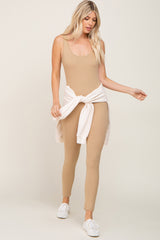 Beige Ribbed Bodycon Maternity Jumpsuit