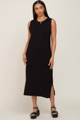 Black Sleeveless Side Slit Maternity Midi Dress