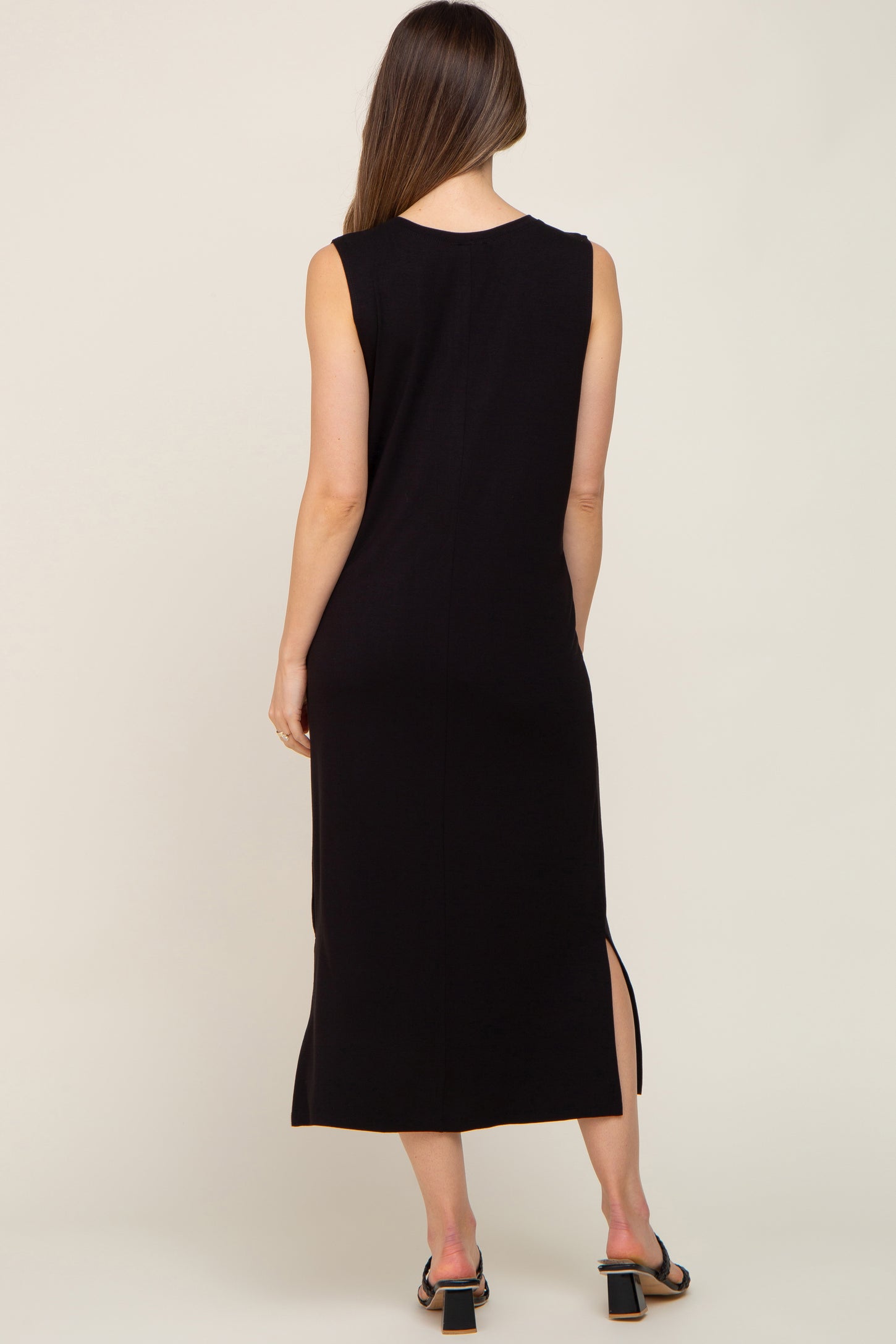 Black Sleeveless Side Slit Maternity Midi Dress